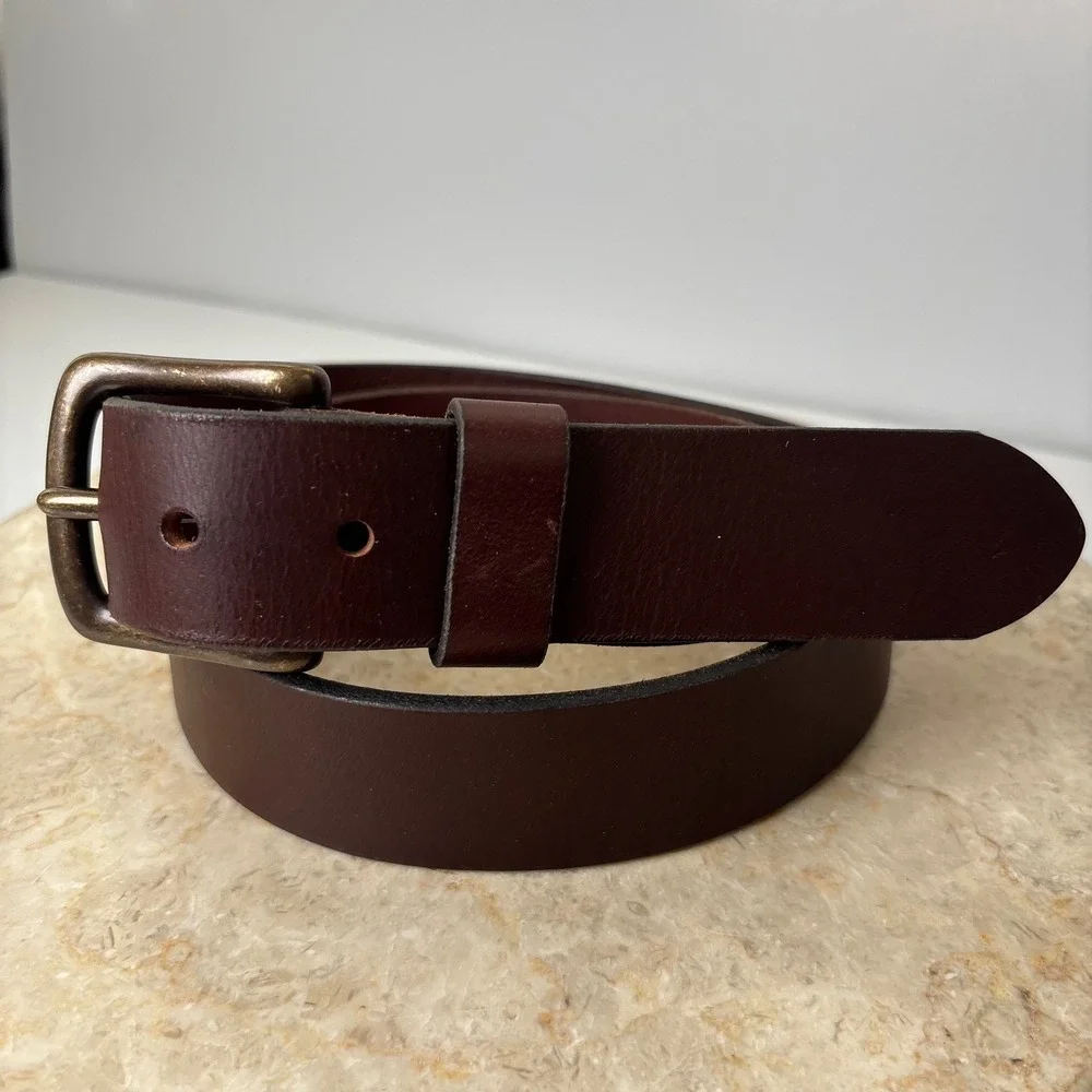 Mens Eddie‎ Bauer Dark Brown Genuine Leather Belt Antiqued Brass Buckle Classic